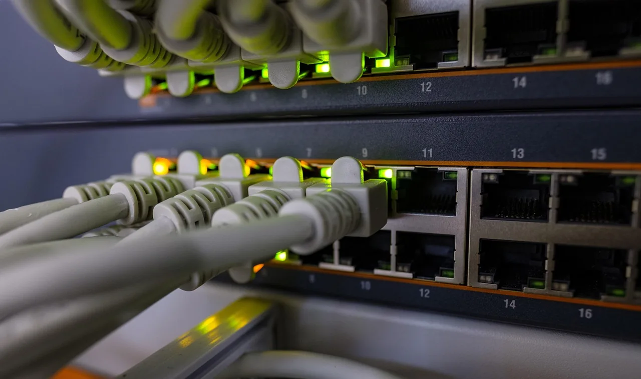 Cables de red conectados a los puertos de un switch, con los indicadores luminosos en verde